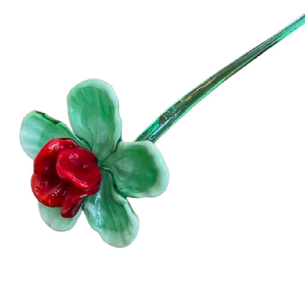 Murano Style Hand Blown Art Glass Flower Long 18" Curved Stem Red & Green